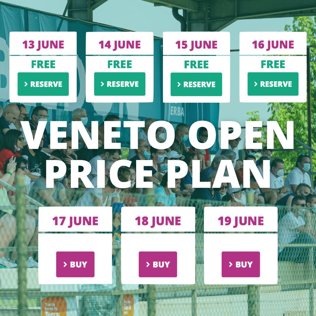 Gaibledon's tweet photo. PRICE PLAN
🎟️❗📢
Access to the first-round matches, from Monday 13th June to Thursday 16th June, will be free on reservation.
For Friday 17th, Saturday 18th and Sunday 19th you can buy Veneto Open 2022 tickets here: https://t.co/oivu1VfRGl https://t.co/RZ7WBzv1LZ