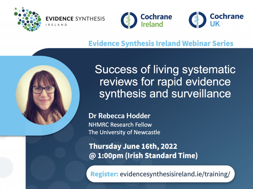 Evidence Synthesis Ireland (@evidsynirl) on Twitter photo Our June #webinar is with Dr Rebecca Hodder on the success of Living #SystematicReviews for rapid evience synthesis and surveillance
Register: evidencesynthesisireland.ie/training/
<a href="/RebeccaKHodder/">Rebecca Kate Hodder</a> <a href="/NCOISAustralia/">National Centre of Implementation Science (NCOIS)</a> <a href="/CochranePH/">CochranePublicHlth</a> <a href="/Uni_Newcastle/">University of Newcastle</a> <a href="/HNEHealth/">HNE Health</a> Our June #webinar is with Dr Rebecca Hodder on the success of Living #SystematicReviews for rapid evience synthesis and surveillance
Register: evidencesynthesisireland.ie/training/
<a href="/RebeccaKHodder/">Rebecca Kate Hodder</a> <a href="/NCOISAustralia/">National Centre of Implementation Science (NCOIS)</a> <a href="/CochranePH/">CochranePublicHlth</a> <a href="/Uni_Newcastle/">University of Newcastle</a> <a href="/HNEHealth/">HNE Health</a>