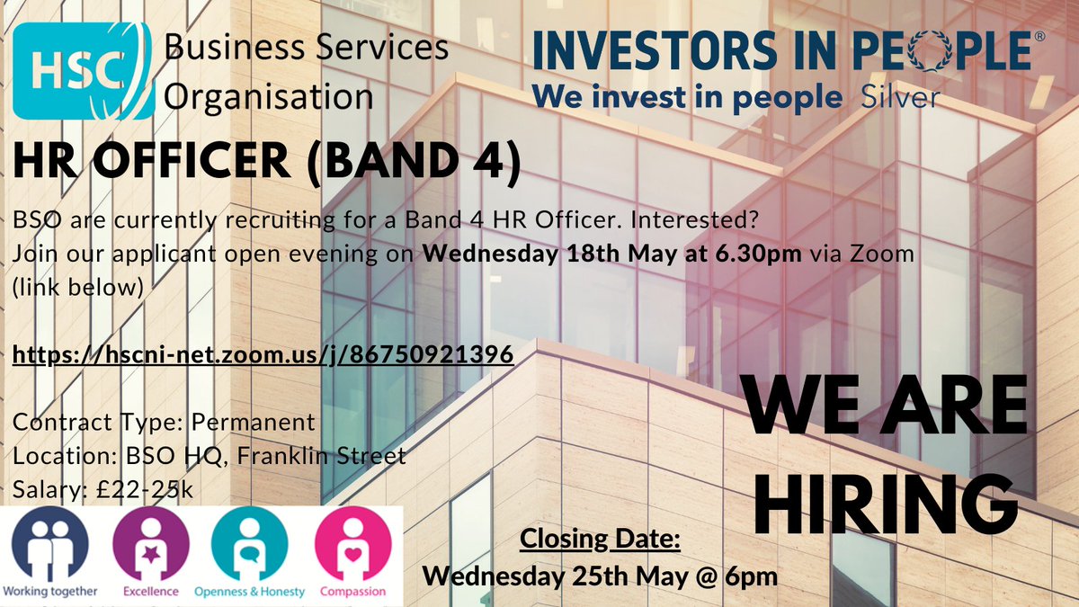 BSO_HR's tweet photo. OPEN EVENING 📣 We are currently recruiting for Band 4 HR Officer on a permanent basis. Do you want to find out more? Join our applicant open evening on Wednesday 18th May at 6.30pm. Zoom link below:  https://t.co/BEOQ9JV0M5 https://t.co/KHcnfP0dUj