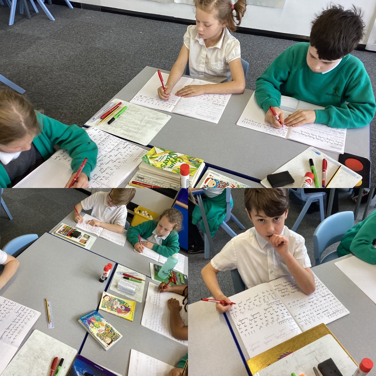 budeparkprimary's tweet photo. Perfect presentation here in 3/4LC today. Some of the children are practicing in the hope of receiving a handwriting pen. Watch this space….👀 #handwriting #martinharvey #perfectpresentation https://t.co/3Fbt3rxsTp