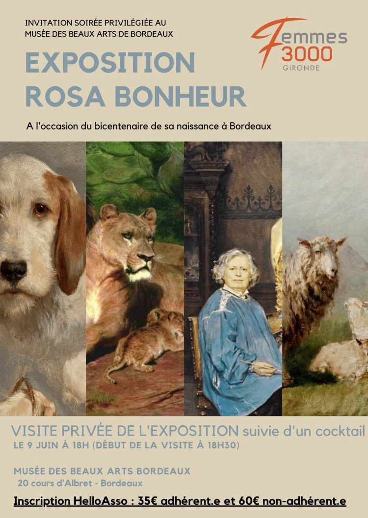 En exclusivité avec Femmes3000 Gironde, vous allez pouvoir visiter en privé l'exposition phare de ce printemps en primeur sur Bordeaux.
À l’occasion du bicentenaire, Venez découvrir ou re-découvrir cette artiste avec Femmes3000 Gironde
Inscriptions: helloasso.com/associations/f…