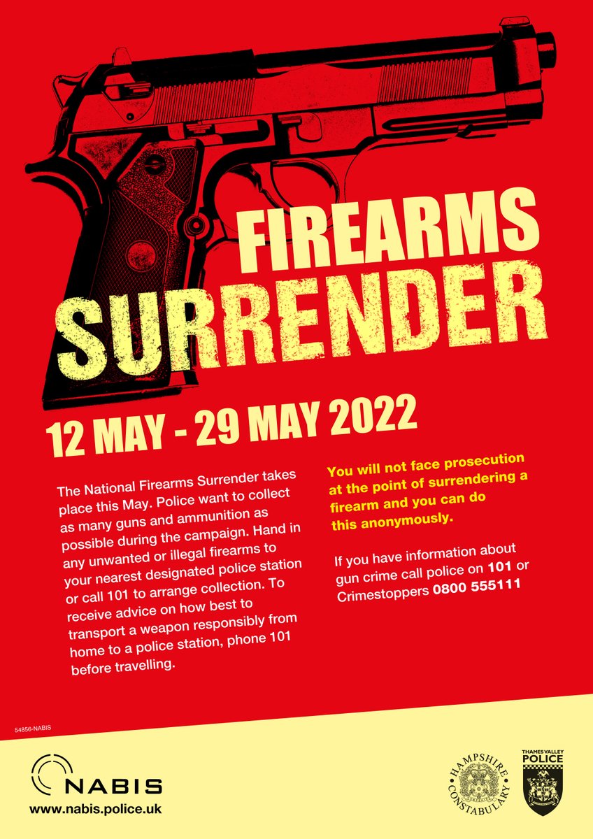 HantsPolice's tweet photo. Today we launch a two week #FirearmsSurrender with @NABIS_UK For more info visit: https://t.co/2HpgekdhfB https://t.co/4VxSrTZBgu