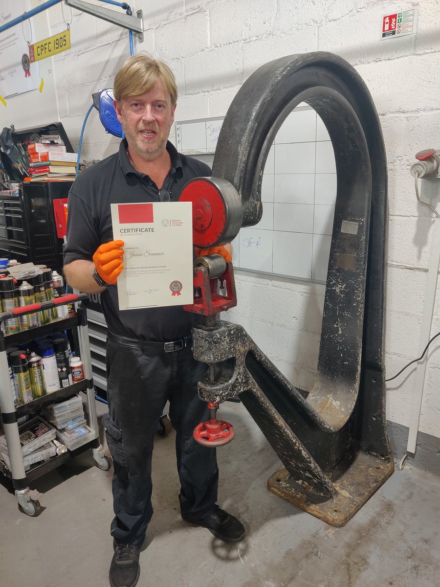 JsnLtd's tweet photo. Director Jason Sumner with our new English Wheel and his certificate for Advanced English Wheeling!! 😁😁
#EnglishWheel #Fabrication #Restoration https://t.co/Jjm75XGJZd