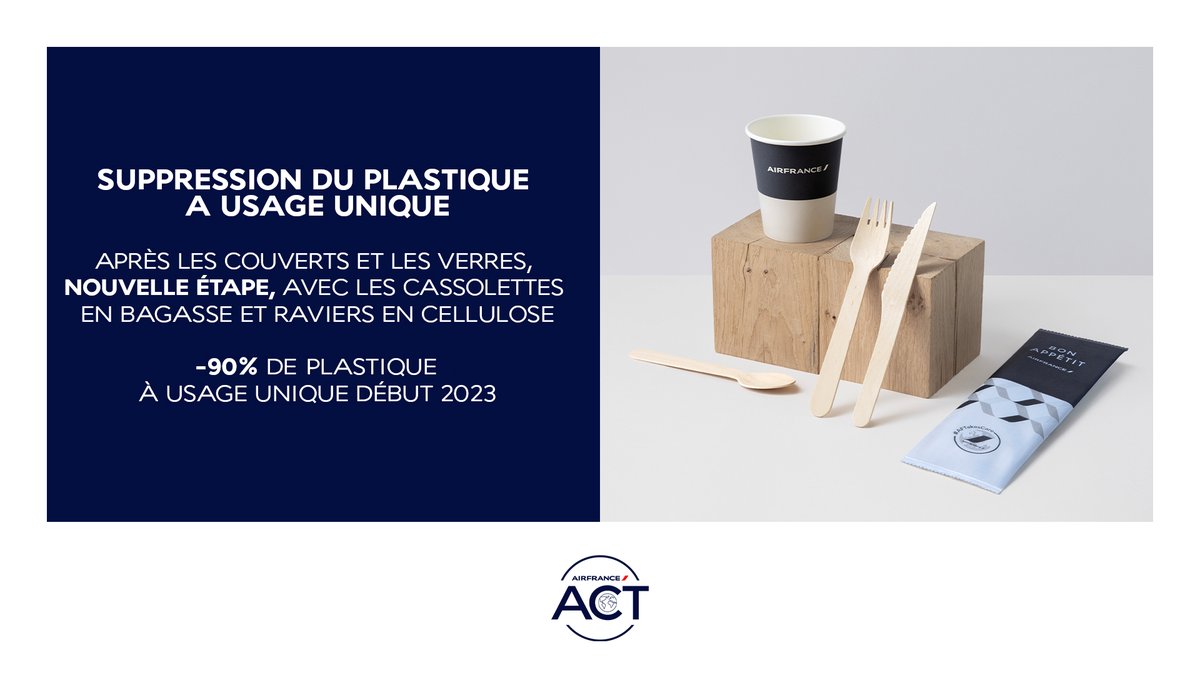 Enfin, #AirFrance s’engage dans le recyclage et la valorisation des déchets. D’ici début 2023, elle aura supprimé 90% du plastique à usage unique à bord de ses avions. #AirFranceACT 
En savoir plus : bit.ly/3ylLxX7