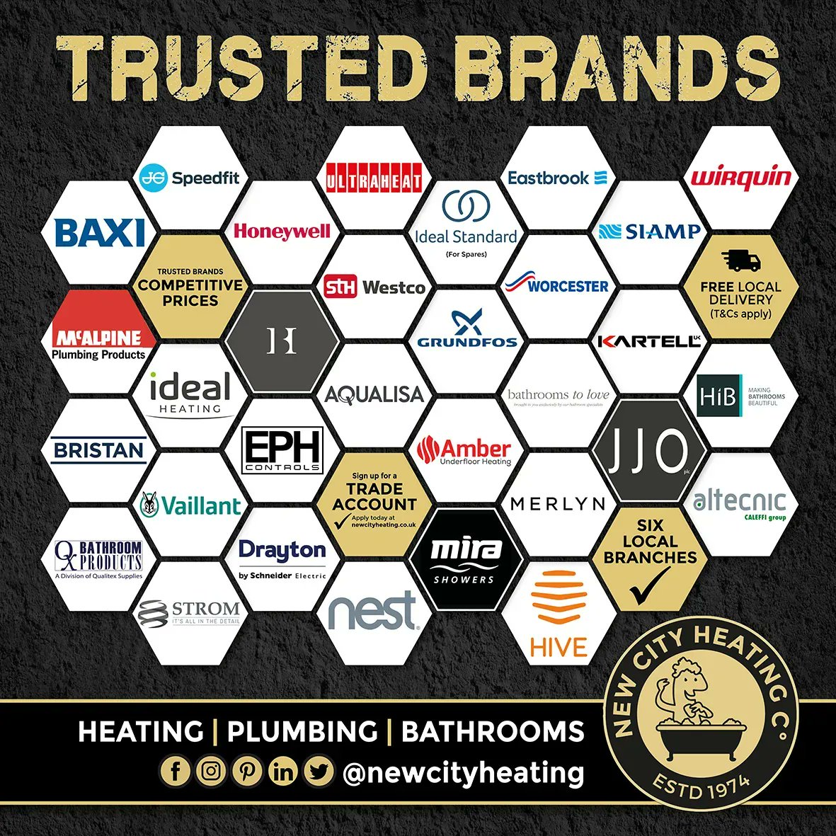 Trusted brands ✔️ Competitive prices 🔥 

Choose from a huge range of well-known suppliers at New City Heating! Shop from stock or place an order at your local trade counter. 

Find your nearest branch: newcityheating.co.uk/branches

#heating #plumbing #bathrooms