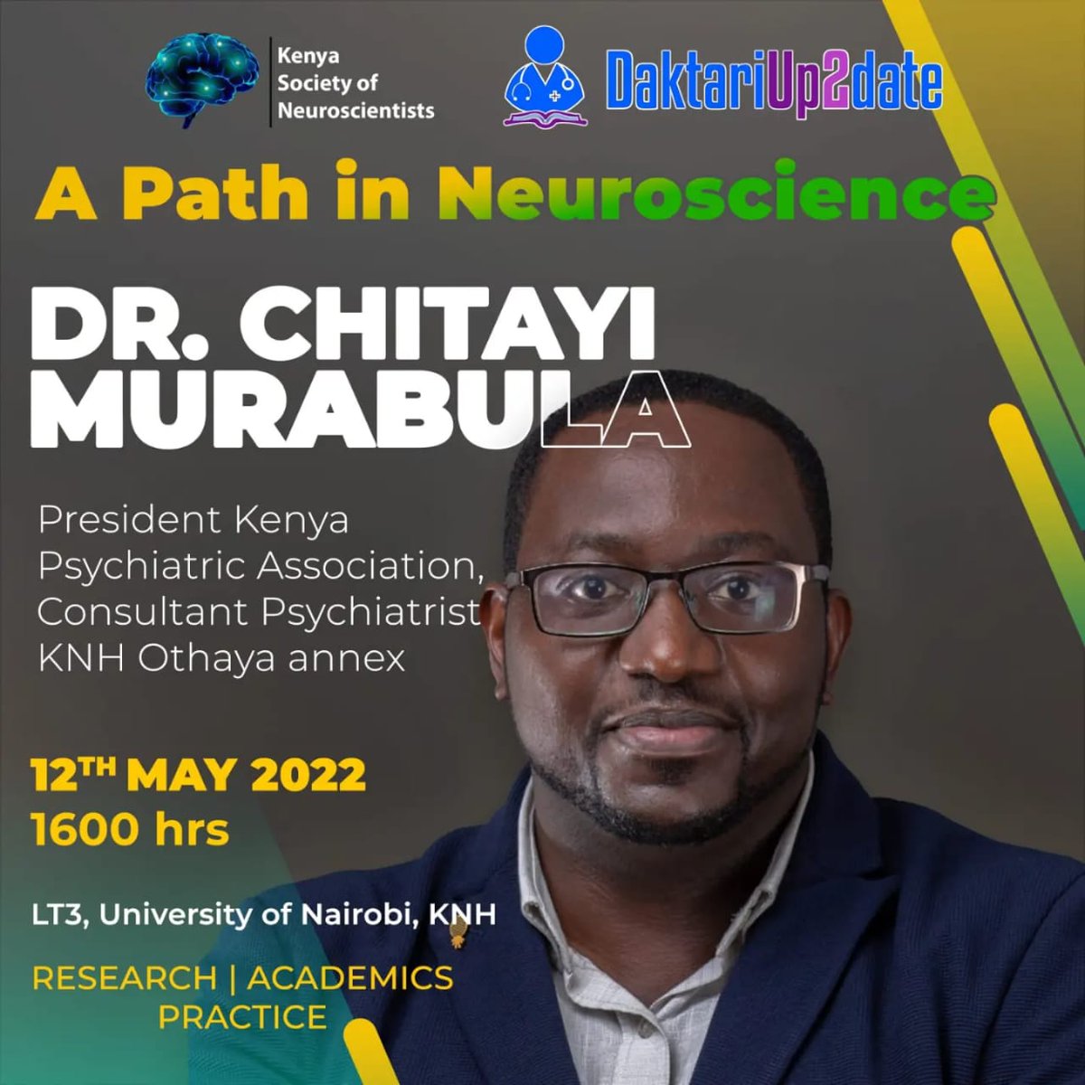 DaktariUp2Date's tweet photo. Join us today for an interactive career path discussion with renowned neuroscientists hosted by @KenyaSocietyOfN
in collaboration with @DaktariUp2Date

📝https://t.co/mX8oSN1Ymh 

⏰ 4:00PM - 6:00PM
📍 Lecture Theatre 3 (LT3), University of Nairobi https://t.co/tuhGgrOLCW
