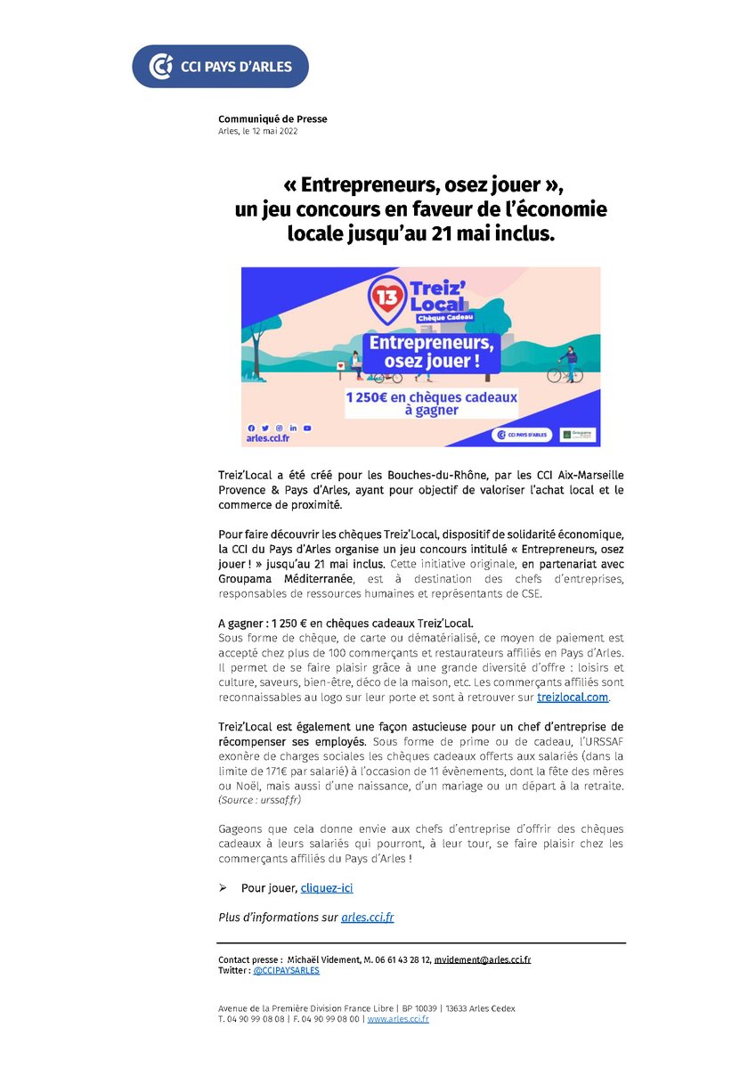 CCIPAYSARLES's tweet photo. [#CommuniquédePresse🗞️]

"#Entrepreneurs, osez jouer !", un #jeuconcours en 
faveur de l'économie locale jusqu'au 21 mai inclus.

🛍️#TreizLocal, le chèque cadeau des Bouches-du-Rhône créé par @CCI_AMP &amp; @CCIPAYSARLES  !

▶️ https://t.co/kqmwnnnuXL https://t.co/gVLldKGZxg