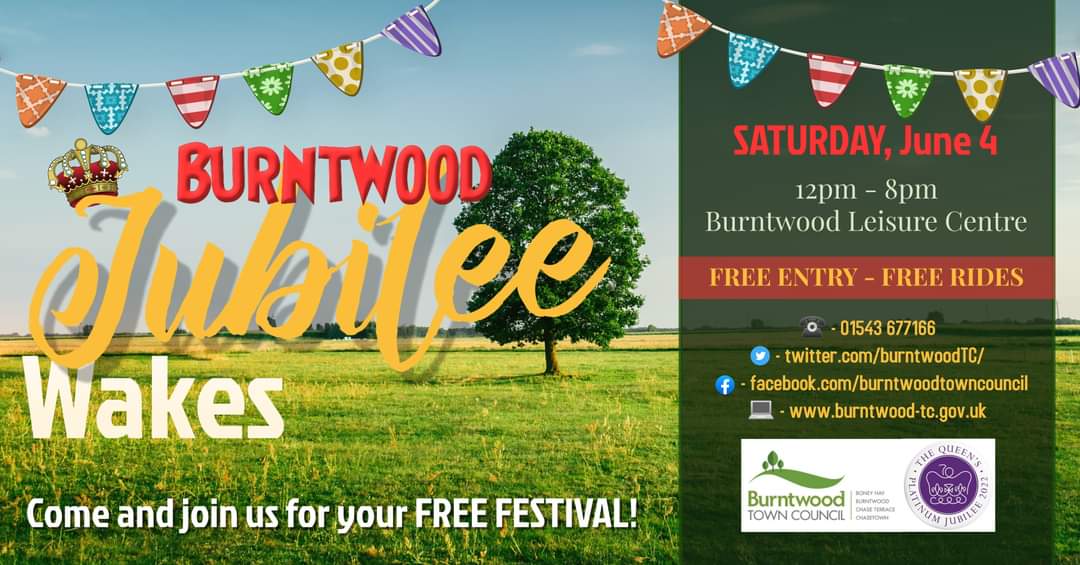 The Burntwood Jubilee Wakes is a free festival on Saturday 4 June, from 12noon to 8pm at Burntwood Leisure Centre, as part of the Platinum Jubilee celebrations for HM The Queen #burntwood #PlatinumJubilee