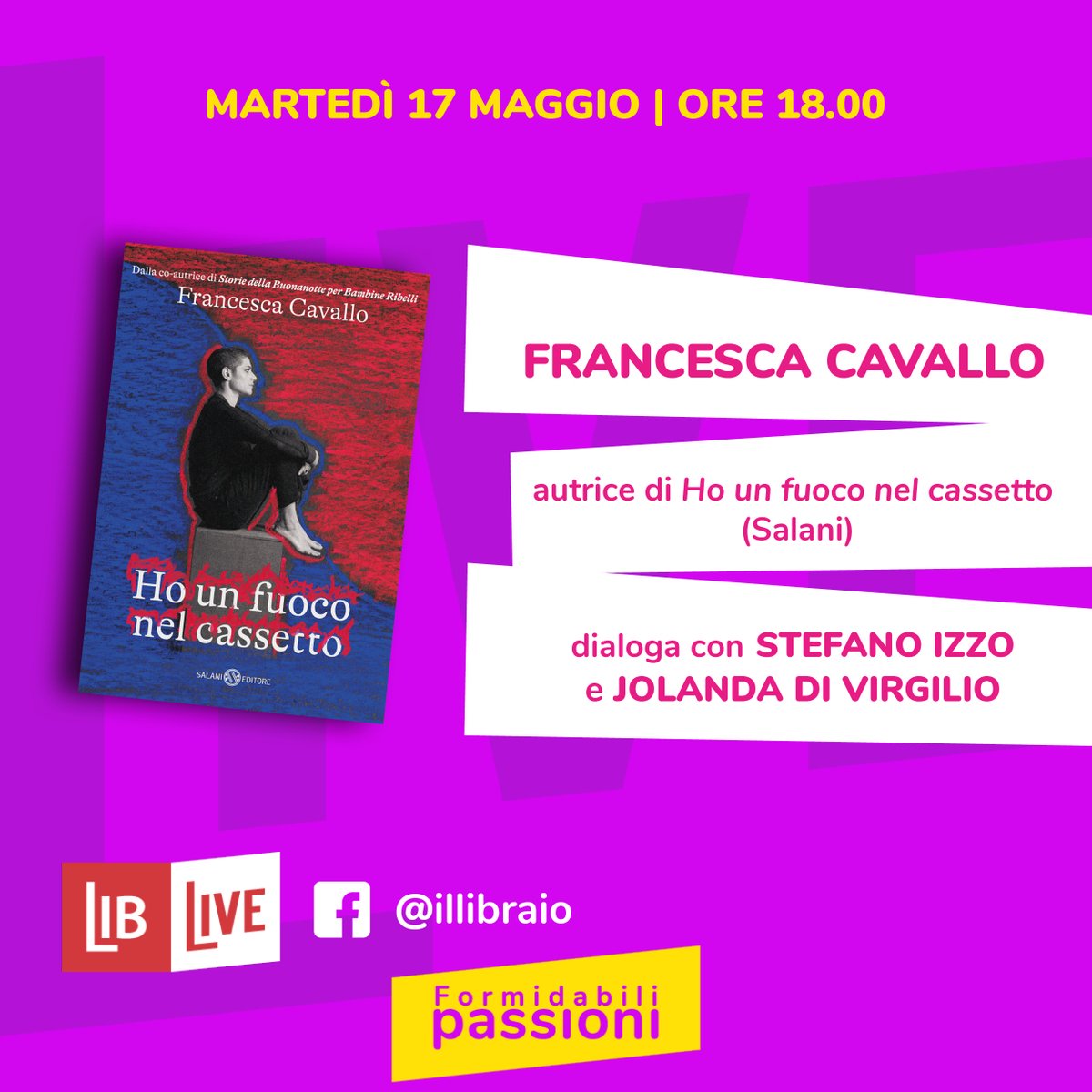 illibraio's tweet photo. A #LibLive @francescavallo presenta il suo #libro "Ho un fuoco nel cassetto” (@salanieditore) in compagnia di @StefanoIzzo1 e @Jolanda_divir. Non mancate! https://t.co/Ul2ceLXONt https://t.co/Kkh62W3cvd