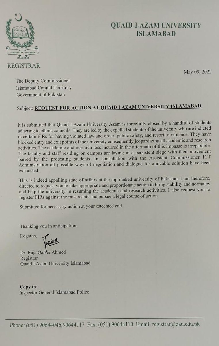 SenatorMushtaq's tweet photo. Miscreants involved n kidnapping,torture/harassment of students (nominated in FIRs);hve taken @QAU_Official hostage/disrupted academics.ICT Admin is reluctant n taking action against these hooligans despite of formal request by @rajaqaiserahmed.@GovtofPakistan should take action https://t.co/NjrUFaNQZW