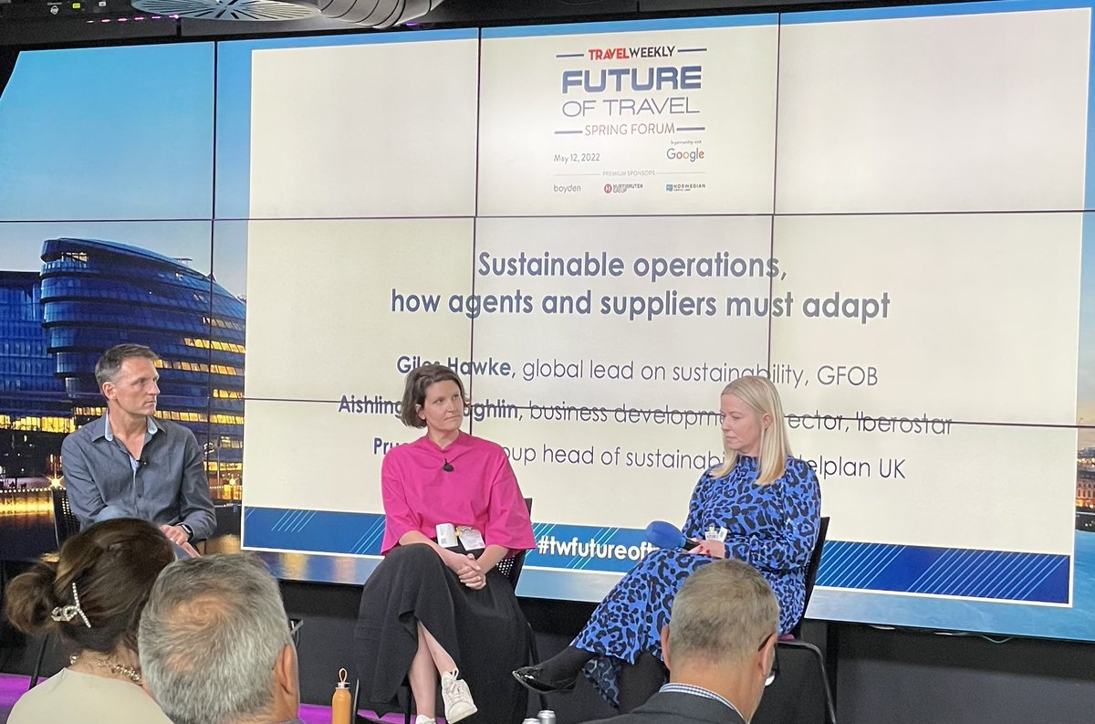 Great sustainability session at #twfutureoftravel.  Three very informed panelists including ⁦<a href="/gileshawke/">Giles H 🇪🇺💙</a>⁩