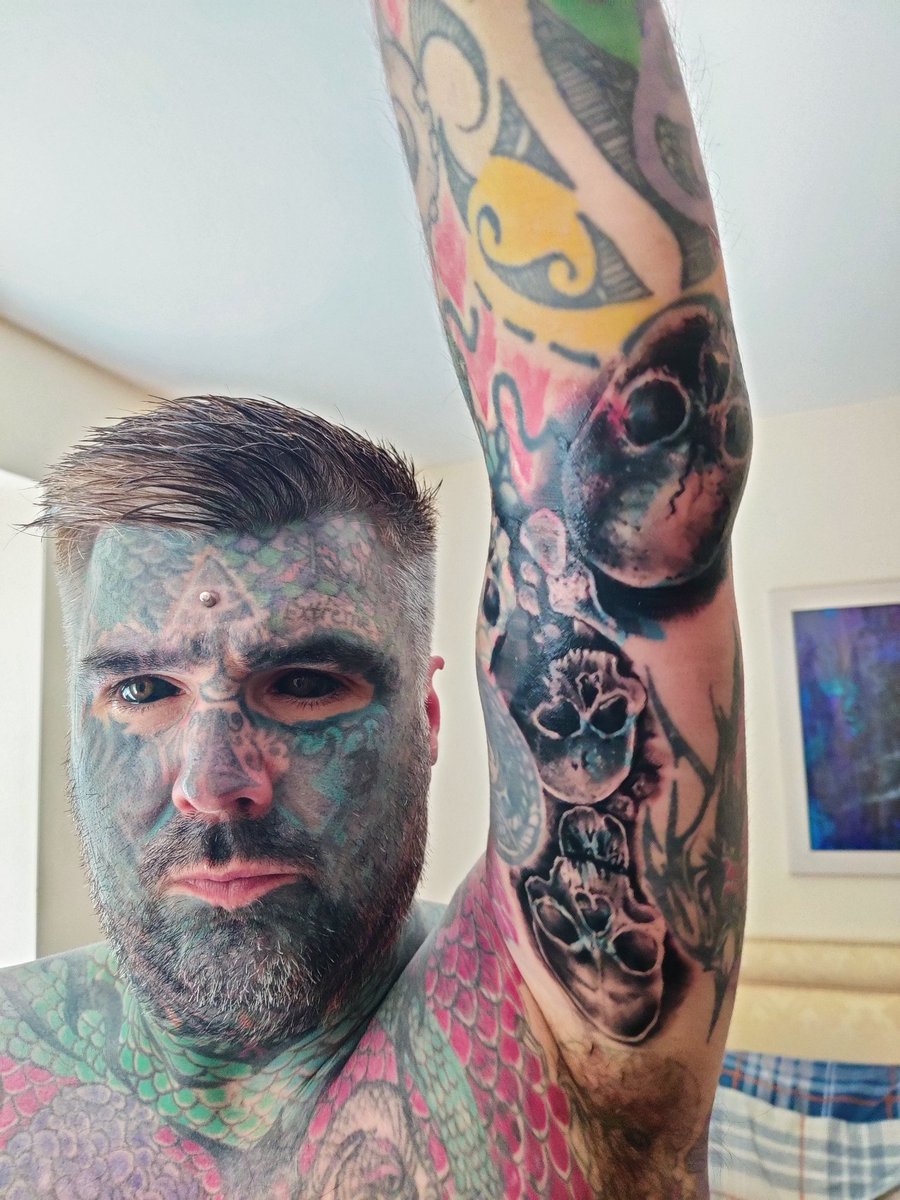 king_body_art's tweet photo. Ive now added more skulls to my tattoo collection and I also have a silicone skull surgically implanted under my chest. #underneathweareallthesame #modworld #skulls #tattoos https://t.co/u8sotSuYER