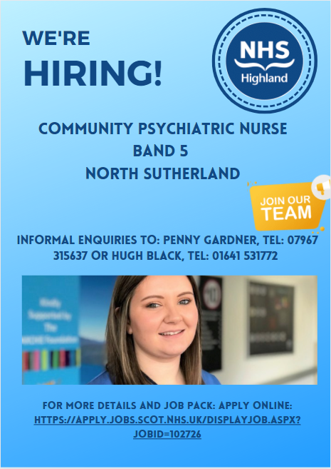#Vacancy #CommunityPsychiatricNurse #CPN
Come join our team in North Sutherland!
An exciting opportunity has arisen for a Community Psychiatric Nurse.
Relocation Packages available
Apply online here: ow.ly/m9oF50J61Gh
@NHSHJobs #NHSHCareers #NHSH #TeamHighland @NHSHighland