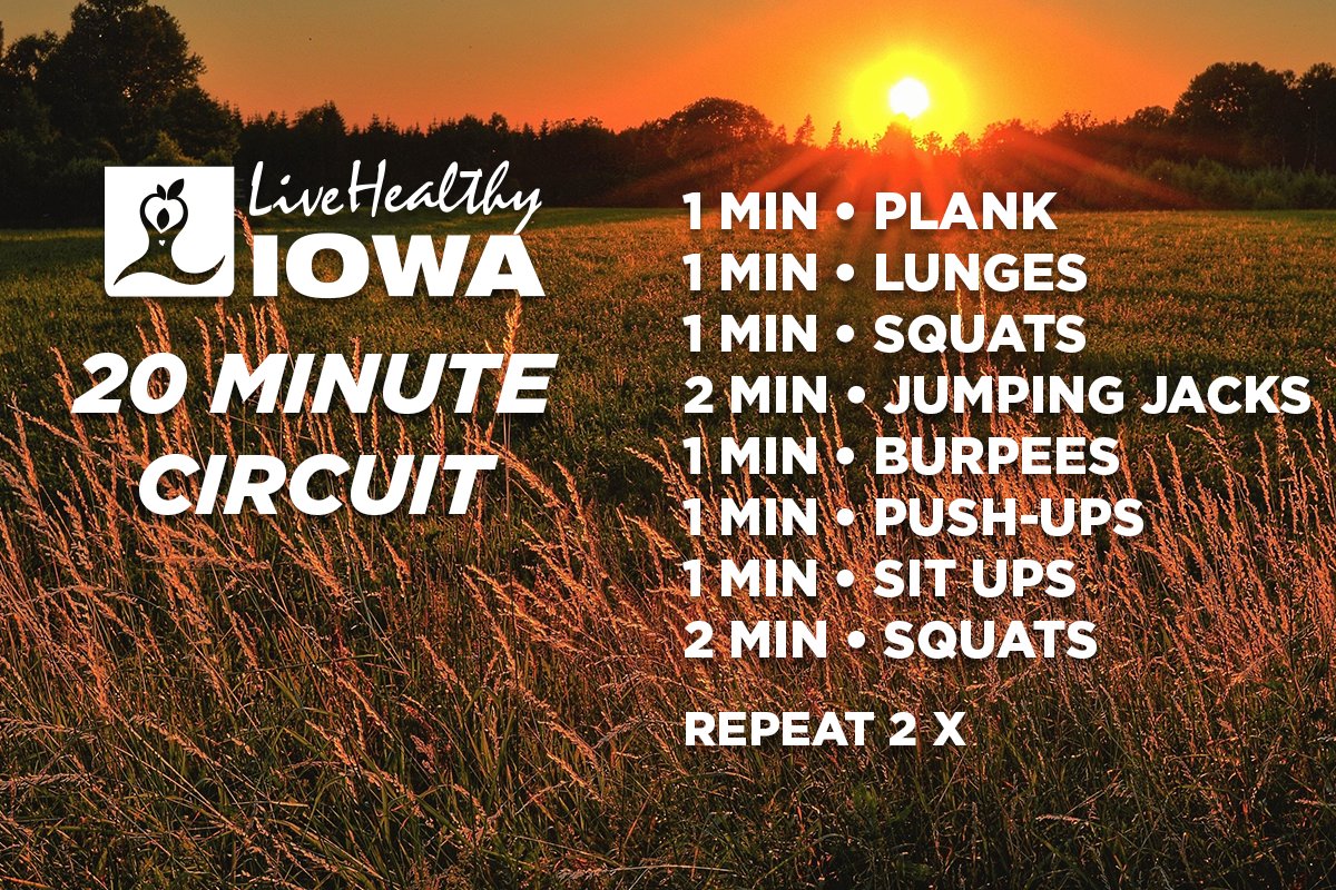 livehealthyiowa's tweet photo. It is time for 20 minutes of fun! Add this to your routine or just use it as your daily workout.
#LiveHealthyIowa #keepmovingIowa #circuitworkout https://t.co/aBv5vOCvTT