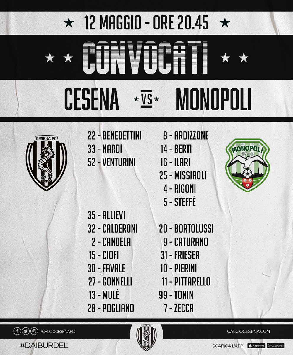 calciocesenafc's tweet photo. 💪🏻 Ecco i convocati di mister #Viali per #MONCES
🏟 Tutti all’@orogelstadium stasera
#DaiBurdel https://t.co/Z8tjwZhmKw