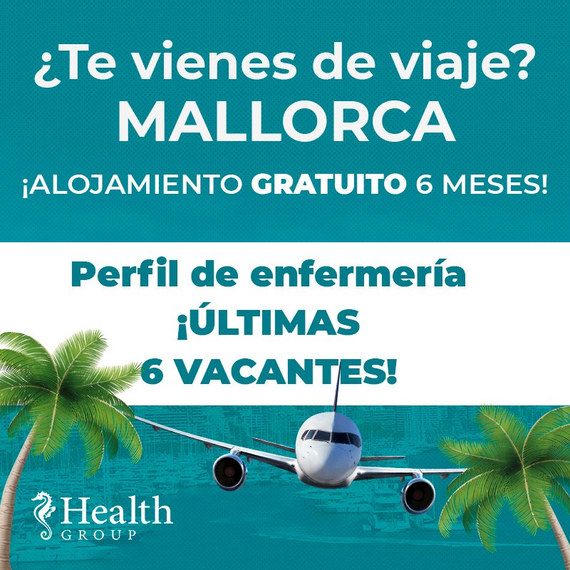 HealthGSpain's tweet photo. ¡Ofertaza la de hoy! Buscamos perfil de enfermería para Mallorca

Se ofrece:
- ALOJAMIENTO GRATUITO 6 MESES
- Contrato indefinido.
- Jornada completa o media jornada.
-Turnos rotativos de 12h.

#viajes #health #group #oferta #vacante #mallorca #enfermería https://t.co/JU5vXqrFNe