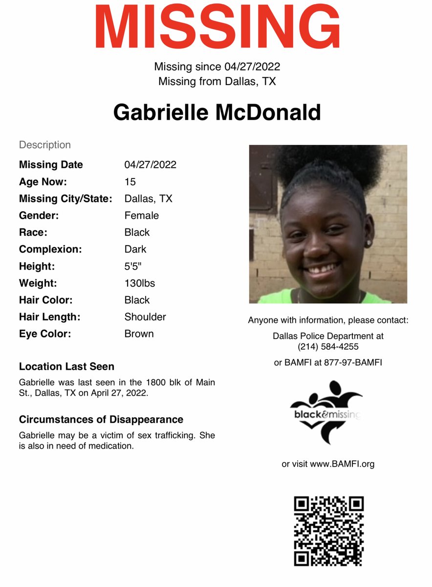 #Dallas, Texas: It’s been 15 days since Gabrielle McDonald was last seen. Her family fears she could be in danger - possibly a victim of trafficking. 

Pls share to help find Gabrielle. 

#HelpUsFindGabrielle