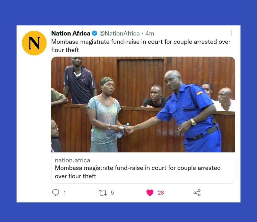 RailaOdinga's tweet photo. I commend Mombasa Magistrate, Vincent Adet who on humanitarian grounds set free a couple who admitted guilt to charges of stealing a bale of flour due to hunger and for fundraising for them. 

Our top priority as Azimio will be lowering the cost of living. 

 #Inawezekana https://t.co/RCDOoglGkK