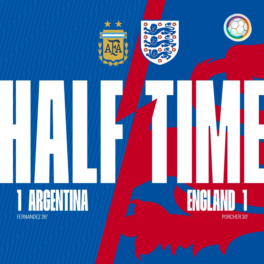 The half-time graphic for Argentina versus England at the IFCPF World Cup. It's currently 1-1 at the break.