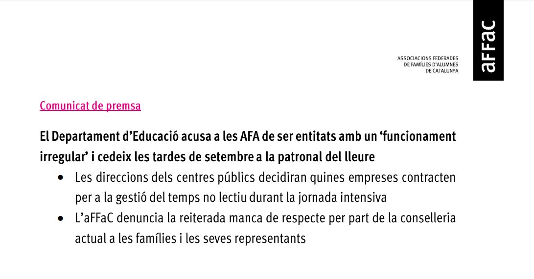affac_cat's tweet photo. 🚨 El Dept. d'@educaciocat acusa a les AFA de ser entitats amb un 'funcionament irregular' i cedeix les tardes de setembre a la patronal del lleure.

Exigim respecte cap a les AFA, famílies i les seves representants.

🔎 COMUNICAT: https://t.co/5bQ88o8zvy https://t.co/MSVf3r5Fiy