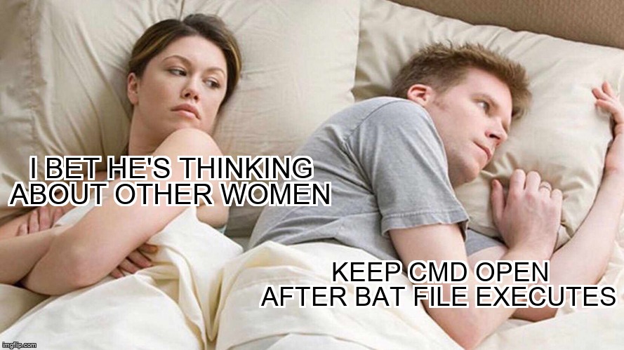 overflow_meme's tweet image. Keep CMD open after BAT file executes stackoverflow.com/questions/1795… #batchfile #file #cmd