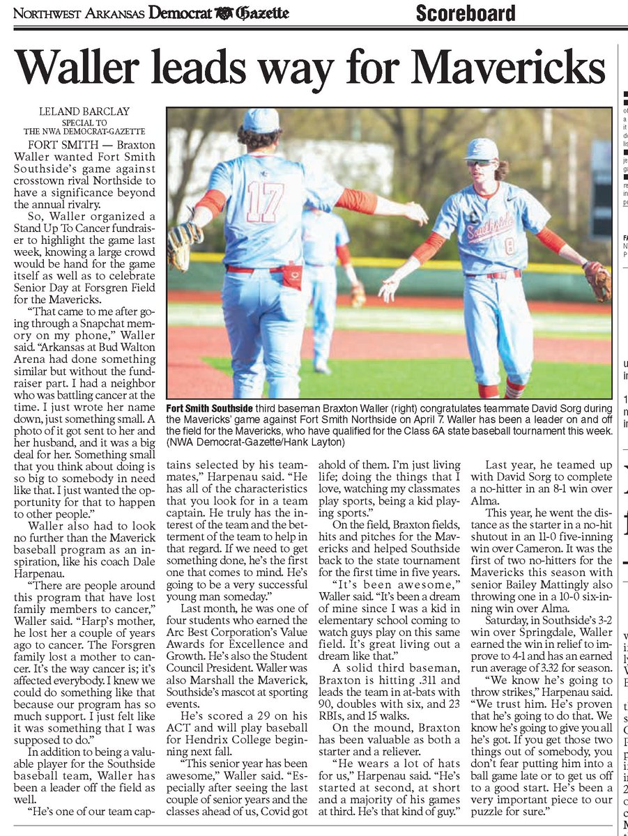 Great story in today's <a href="/nwademgaz/">NWA Democrat-Gazette</a> by @barclayalmanac on <a href="/brax_waller/">Brax Waller</a> today as the <a href="/SHSMavsBaseball/">Mavericks Baseball</a> plays <a href="/GrizzliesNHS/">Ft Smith Northside</a> today. #PrepRally #arpreps