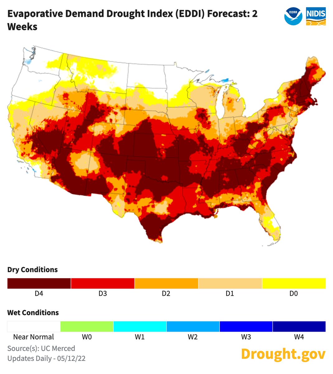 NOAADrought's tweet photo. With warm, dry air moving into (or staying in) the southern US, the Evaporative Demand Drought Index (EDDI) forecast for the next 2-4 weeks is concerning.
 
Really, for much of the Lower 48, the air looks especially thirsty. So less water for the ground and more drought. @NOAA https://t.co/EYRIfGcxfc