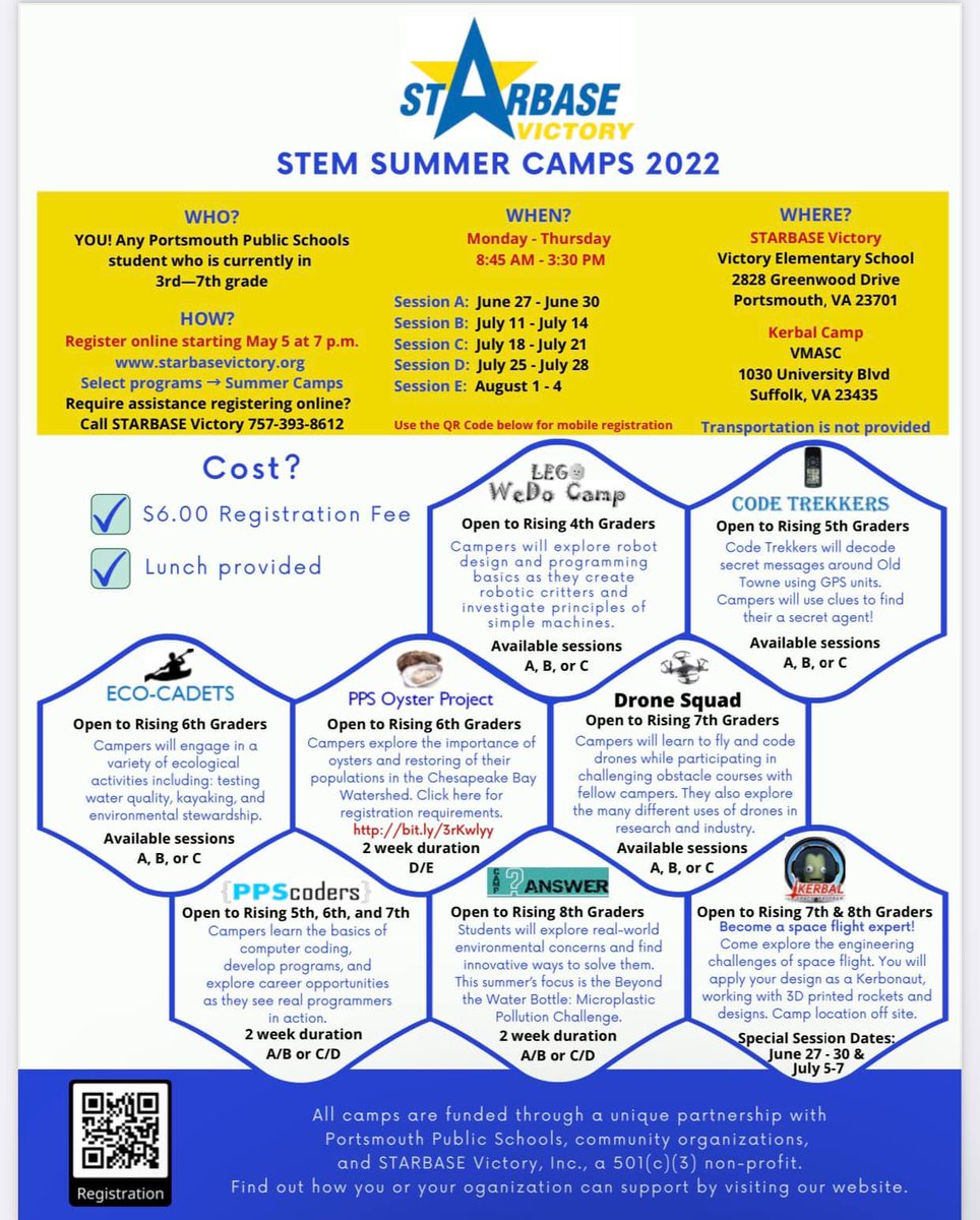 Starbase Summer Camps are at 50% capacity. Don't miss out for your Portsmouth Public School kids!2 new camps added. Sign your kids up. STARBASE Victory starbasevictory.org/programs/summe… #Starbase #LaunchingFutures #PortsVaSchools #summercamps