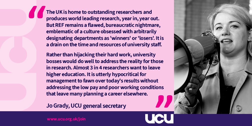 ucu's tweet photo. REF is emblematic of a research culture obsessed with designating universities &amp; departments as "winners" or "losers".

Instead of vice chancellors fawning over today's #REF2021 results &amp; hijacking the work of their staff, they should address the crisis in our universities. https://t.co/iWn2UDxHsf