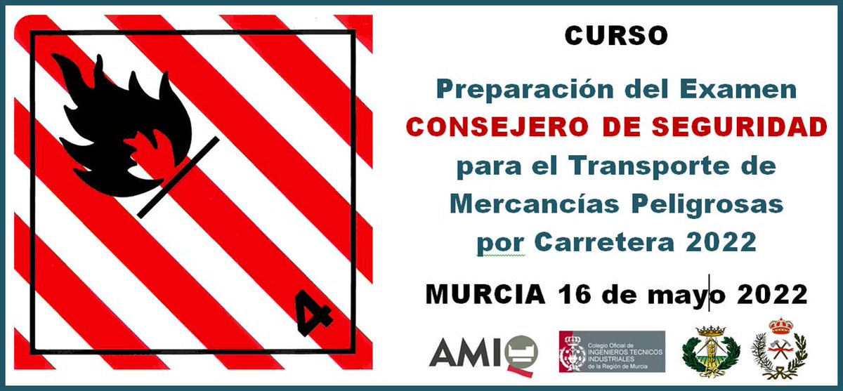 Curso CONSEJERO DE SEGURIDAD DE MERCANCÍAS PELIGROSAS POR CARRETERA 
Presencial MURCIA. 36+5 horas. 
Preparatorio examen OCTUBRE. 
Inicio 16 de mayo de 2022. Fin 3 de octubre de 2022. Lunes de 16:30 a 20:30 horas
amiq.net/formacion/curs… <a href="/COITIRM/">Ingenieros Técnicos Industriales Murcia - COITIRM</a>