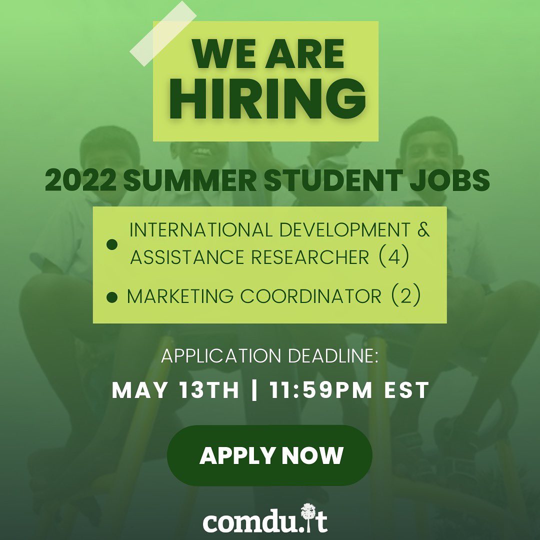 comduit's tweet photo. Are you interested in a summer job at https://t.co/9bikZVXnAN?

We're hiring International Development Assistance Researchers (4) and Marketing Coordinators (2).

Job descriptions can be found here: https://t.co/O4ISYAtHqn

Apply by May 13, 2022 at 11:59PM EST. https://t.co/jKbF39re7O