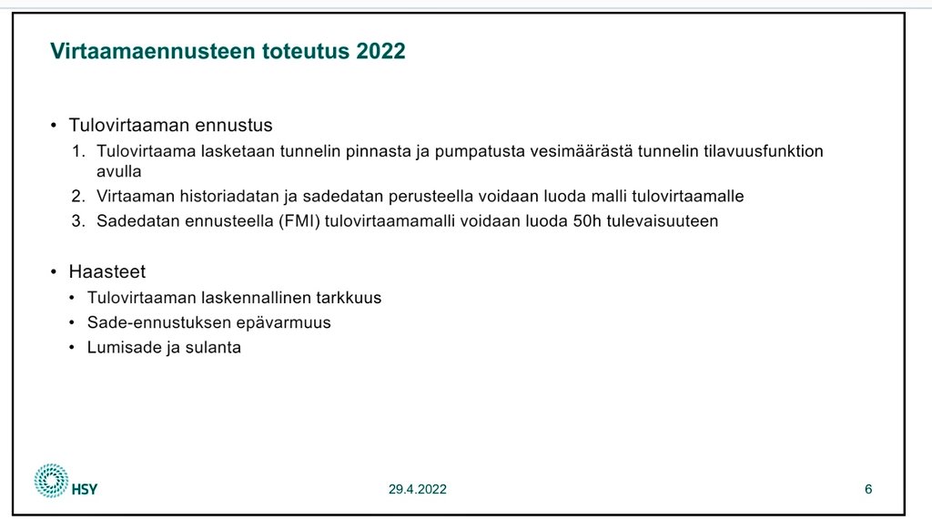 Perttu Saarinen  <a href="/hsy_fi/">HSY</a>: tärkeää osata ennustaa tulovirtaamaa #jätevedenpuhdistamo'lle. Tällä saadaan hallittua tulotunnelin vesimäärä esim. vesisateiden mukaan.  Lumen sulannan huomioimisessa useita muuttujia mallinnuksessa.
<a href="/suomenvesi/">Vesilaitosyhdistys</a>
#vesihuolto2022 
#vesihuolto 
<a href="/p3rttus/">Perttu Saarinen</a>