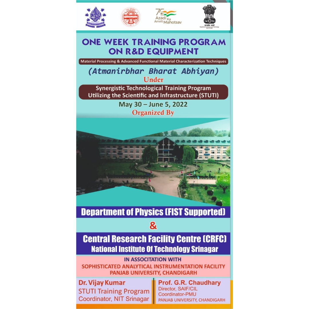 nitsriofficial's tweet photo. A One Week Training Program on “R&amp;D Equipment: Material Processing and Advanced Functional Material Characterization Techniques” from May 30 – June 5, 2022, Supported by DST.
Interested researchers may register: https://t.co/P83zD4jXLY https://t.co/lW23wmVqsb