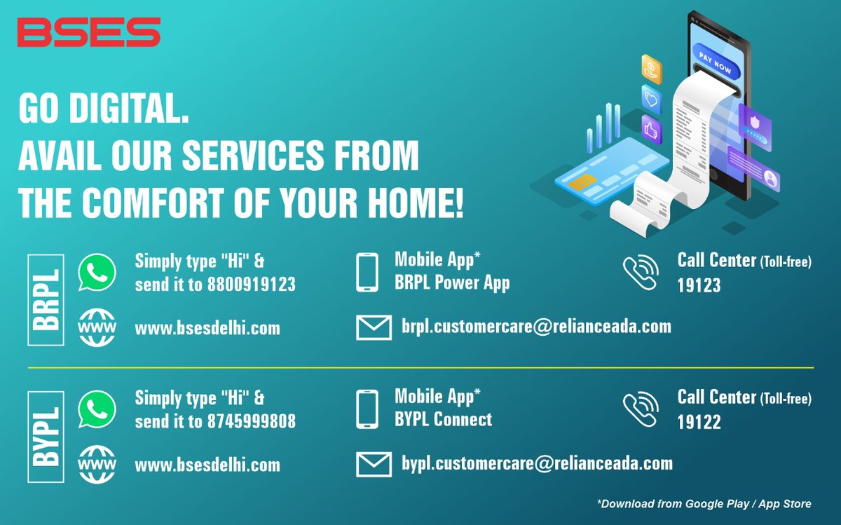bsesdelhi's tweet photo. In the wake of COVID-19, stay safe by maintaining ‘social distancing’, avoiding crowded places frequently washing hands &amp; wearing mask. You can avail our services through our smart digital platforms like WhatsApp, BSES Website, Mobile App, Call Center and Email https://t.co/EnentrjbIJ