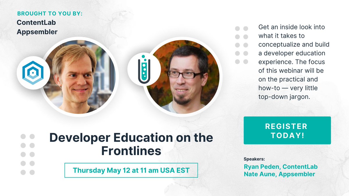 ContentLabIO's tweet image. ⏰ It’s here! At 11am Eastern today, join @ContentLabIO and @appsembler on an exclusive webinar - "Developer Education in the Front Lines." 👉 If you haven’t registered already, it isn’t too late: bit.ly/3v3HnB9
#developermarketing #productmarketing #devrel