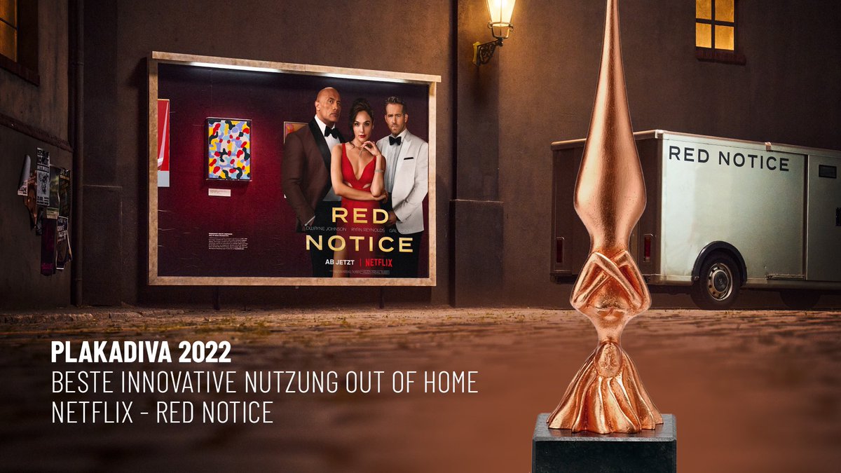🏆 We won the German #OOH award #PlakaDiva2022 🏆 in the category ‚Best Innovative Use of OOH‘ for our #Netflix #RedNotice campaign! 

🎉 Cheers to our partners in art crime at <a href="/netflixde/">netflixde</a> #wavemaker #kinetic #chunk <a href="/powster/">POWSTER</a> and many more! 🙏🏻