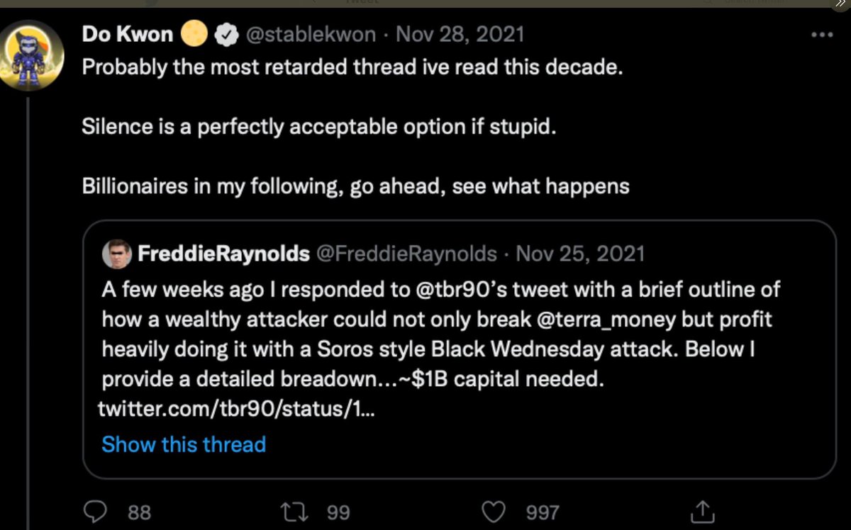 basedsemite's tweet photo. @easyeight08 This guy told Luna/Do Kwon EXACTLY how all this can happen and they did nothing to prevent, this back in November 2021..! they got a lil too cocky, you can tell by his response... https://t.co/SOCTDM5lbS
