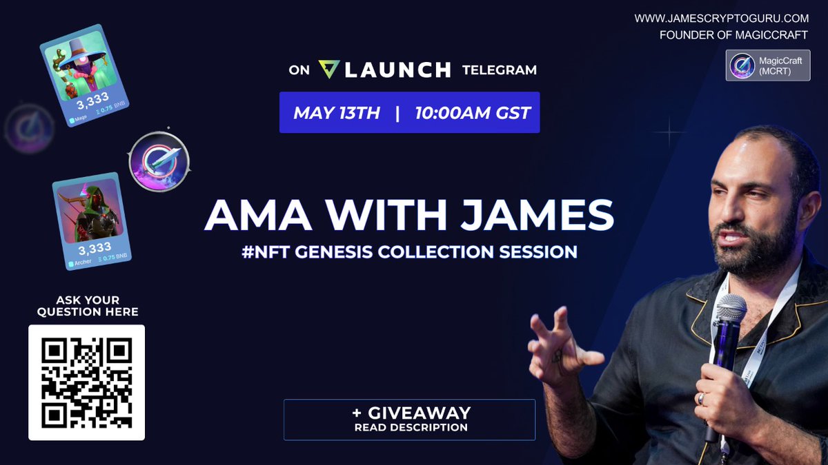 MagicCraftGame's tweet photo. 🚨LIVE #AMA with @Jamyies, #VLaunch and #MagicCraft on Telegram🚨

🗓May 13th, 10am GST
🏛Where: https://t.co/fu5QIUdh2X
❓Ask us: https://t.co/Q3jtwp9S9J
🎁$200 in $MCRT

RULES: 
✅Follow @MagicCraftGame, @Jamyies &amp; @VLaunchCOM 
✅Like &amp; RT 
✅Ask a question, tag 3 friends👇 https://t.co/KnV8ahNm6Z