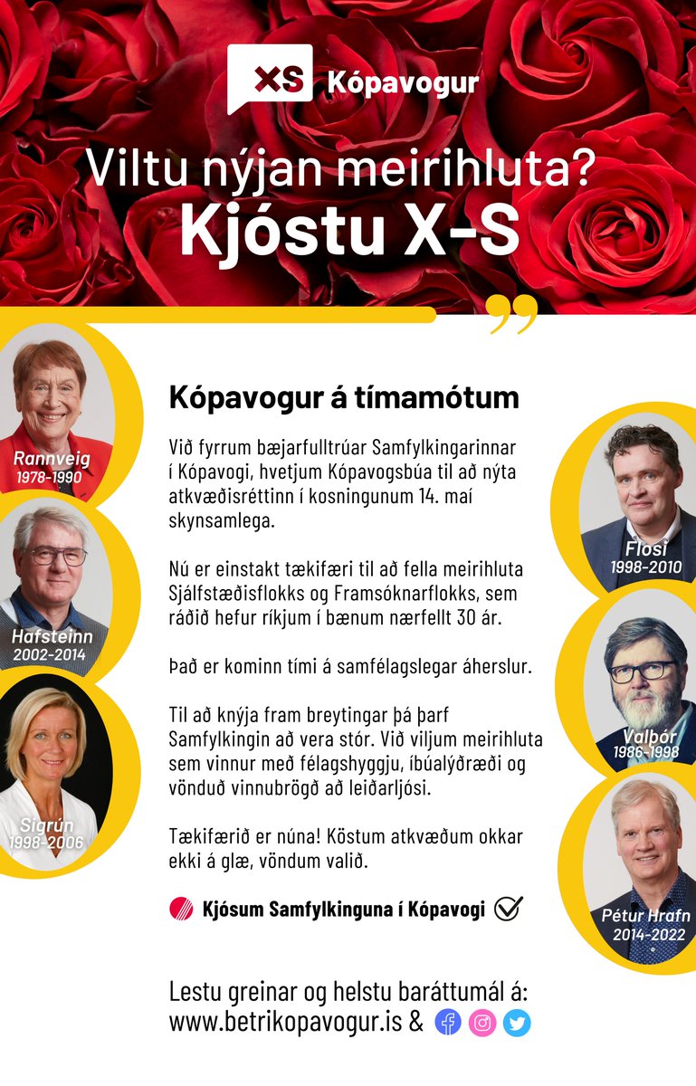 Kópavogur á tímamótum 🙌

❗ Nú er einstakt tækifæri til að fella meirihluta Sjálfstæðisflokks og Framsóknarflokks, sem ráðið hefur ríkjum í bænum í nærfellt 30 ár. 

🌹Við viljum meirihluta sem vinnur með félagshyggju, íbúalýðræði og vönduð vinnubrögð að leiðarljósi.

🔴 X-S✔️