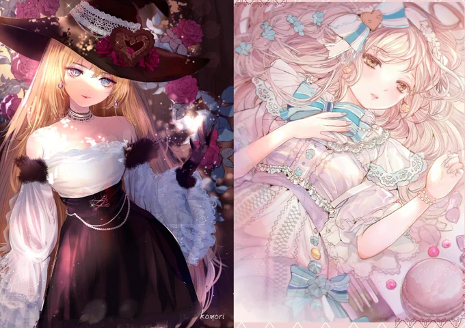 #同じ人が描いたとは思えない絵を貼る 

ダークで妖しげな女の子と、
夢見る乙女な
闇と光の幻想少女イラストです😊

#創作 
#同じ人が描いたと思えない絵を貼る 