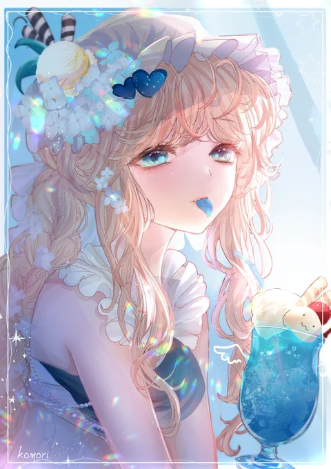 「 初夏のクリームソーダ姫 」

涼しげな初夏の水色の、
クリームソーダの妖精少女のイラストです。

#クリームソーダ #イラスト  
#絵柄好みって人にフォローされたい 