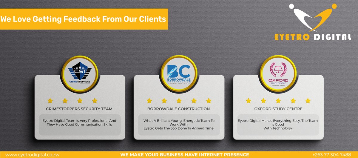 eyetrodigital's tweet photo. We Love Getting Feedback From Clients! We're Grateful For The Strong Partnership We've Built.
#eyetrodigital #bodyguards #construction #socialmedia #socialmediamarketing #college #supportinglocal #smallbusinessmarketing https://t.co/BxUdcdi1Sj