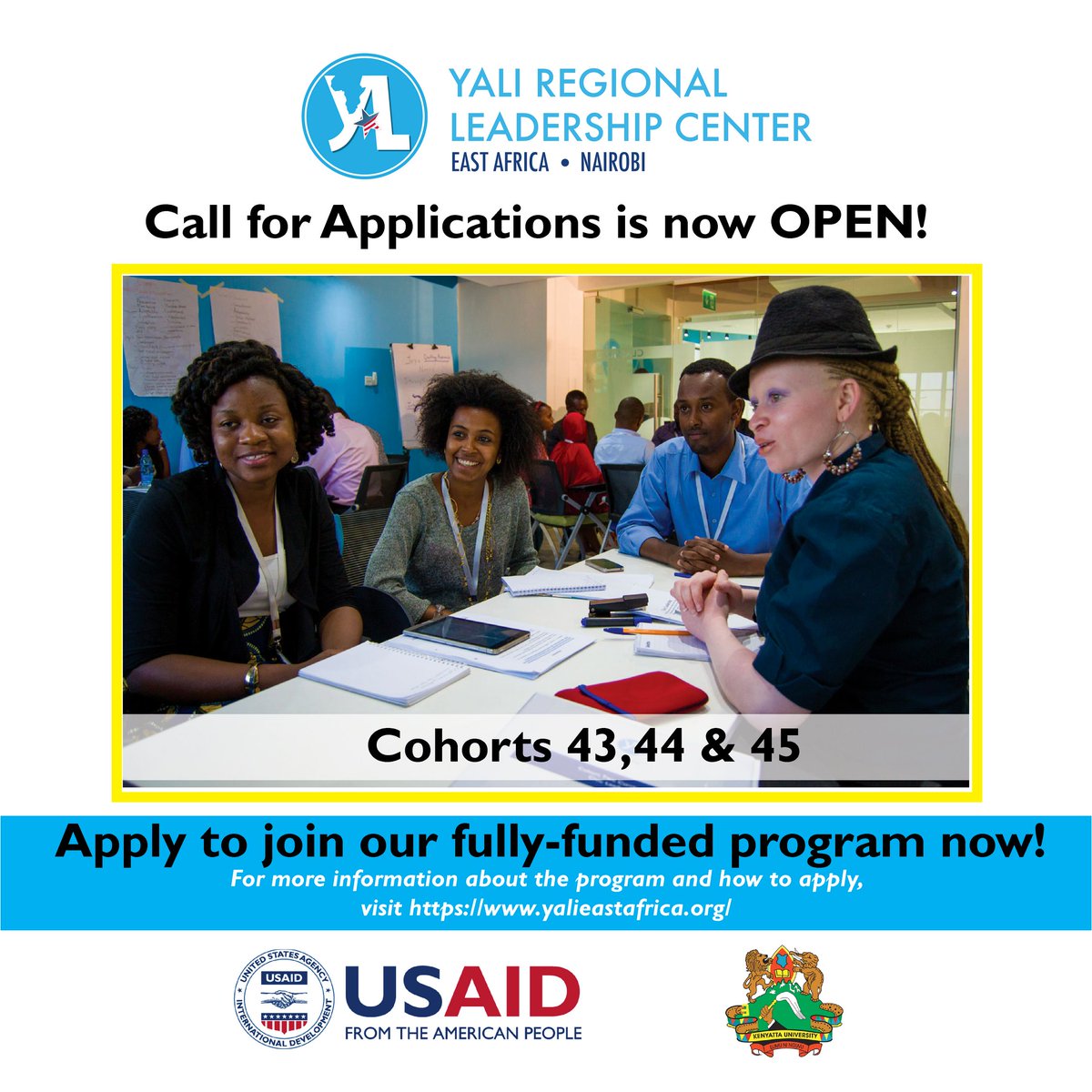 rlceastafrica's tweet photo. The YALI RLC EA application window for Cohorts 43, 44 and 45 is now OPEN until May 30th , 2022. If you are passionate about leadership, your community and need to improve your skills, then this is the right program for you. Visit https://t.co/beJaZXKx9u to apply. https://t.co/yUBZxIguB6