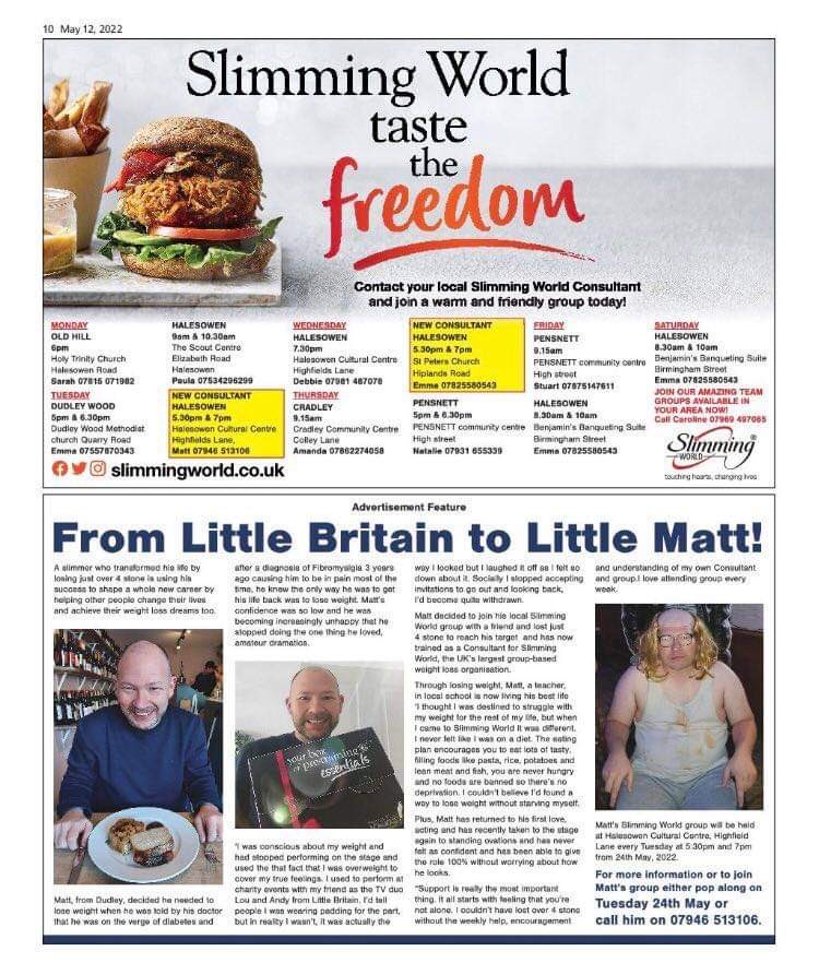 Another amazing <a href="/SlimmingWorld/">Slimming World</a> success story for our newest Consultant in #halesowen. Our #foodoptimising plan #changeslives &amp; #losingweight improves #health &amp; #wellbeing especially losing 4 stone! congratulations Matt. <a href="/halesowennews/">Halesowen News</a> <a href="/birmingham_live/">Birmingham Live</a> <a href="/ExpressandStar/">Express & Star</a>