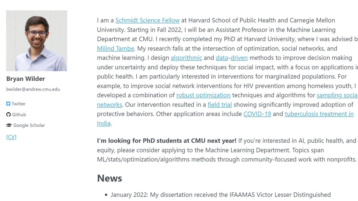 MilindTambe_AI's tweet image. Excited for Bryan Wilder @brwilder&apos;s lecture at @AAMAS2022 today 5/12 at  7 pm Eastern. 

Super-proud that Bryan will give his talk for receiving the Victor Lesser Distinguished Dissertation Award at AAMAS!! &quot;AI for Population Health: Melding Data and Algorithms on Networks&quot;
