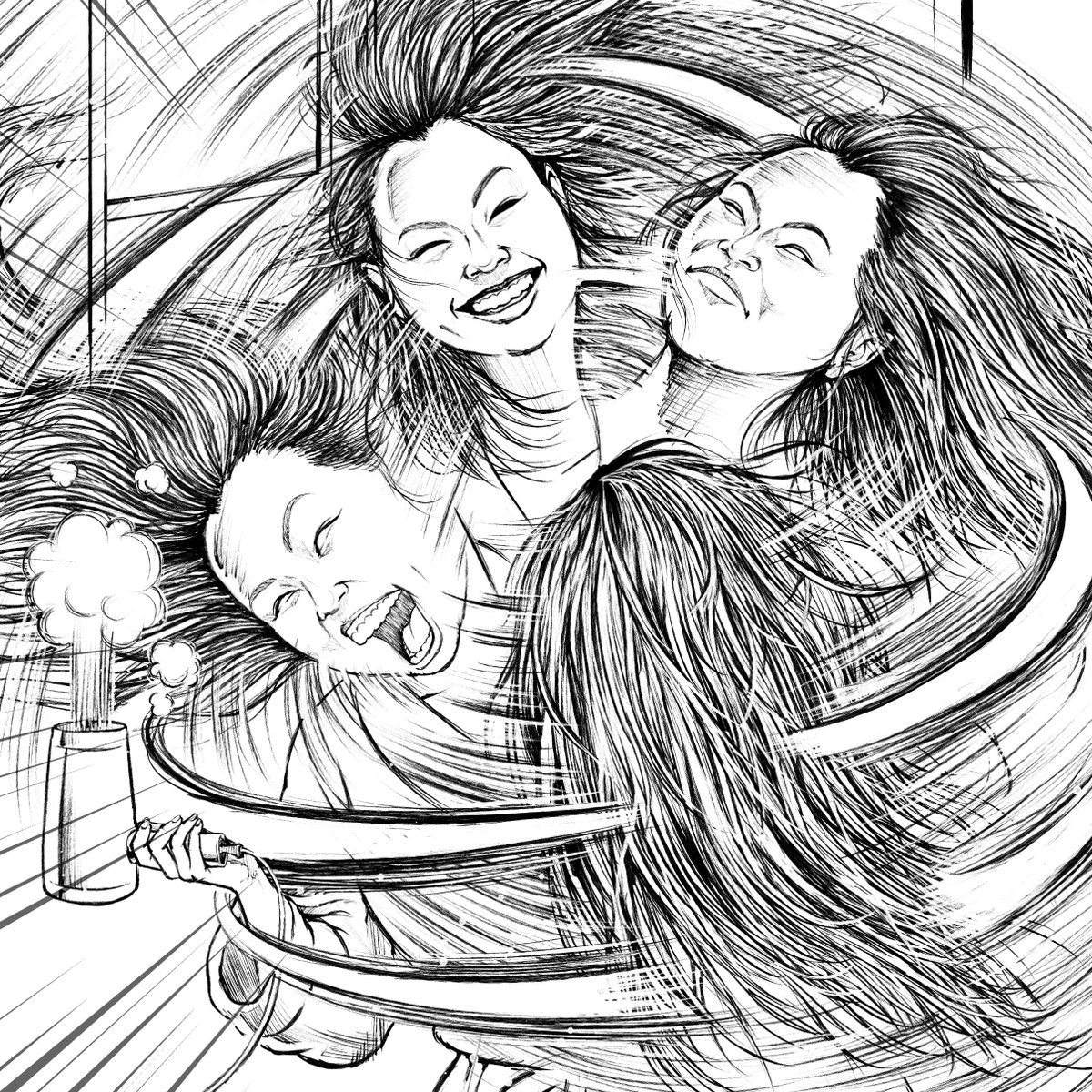 昨日放送された日本テレビ「上田と女が吠える夜」で描いた線画とラフ。連獅子のようにドライヤーかけるいとうあさこさん/パスタをトングのように爪で掴むギャルの線画とラフ。劇画指定しか先方からされてないけど描き終えたら何故かホラー感がある。完成形はTVerで。