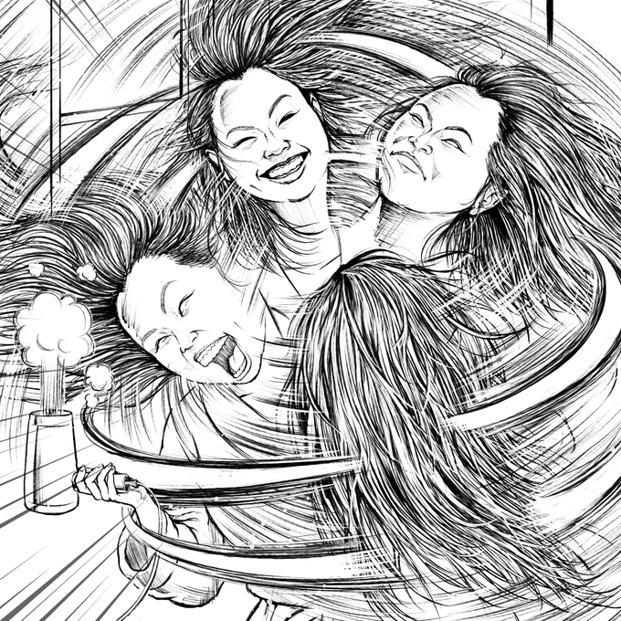 昨日放送された日本テレビ「上田と女が吠える夜」で描いた線画とラフ。連獅子のようにドライヤーかけるいとうあさこさん/パスタをトングのように爪で掴むギャルの線画とラフ。劇画指定しか先方からされてないけど描き終えたら何故かホラー感がある。完成形はTVerで。 