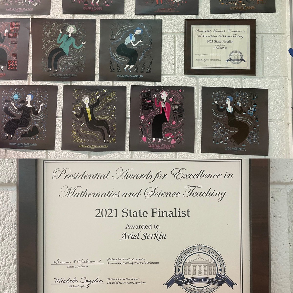 Decided to hang my #PAEMST award in my classroom next to the posters of women scientists. 
Thanks to all the women who’ve come before me and helped pave the way and those who help me achieve now. #WomenInSTEM #WomenInScience #womeninchem #chemfsm #iteachchem