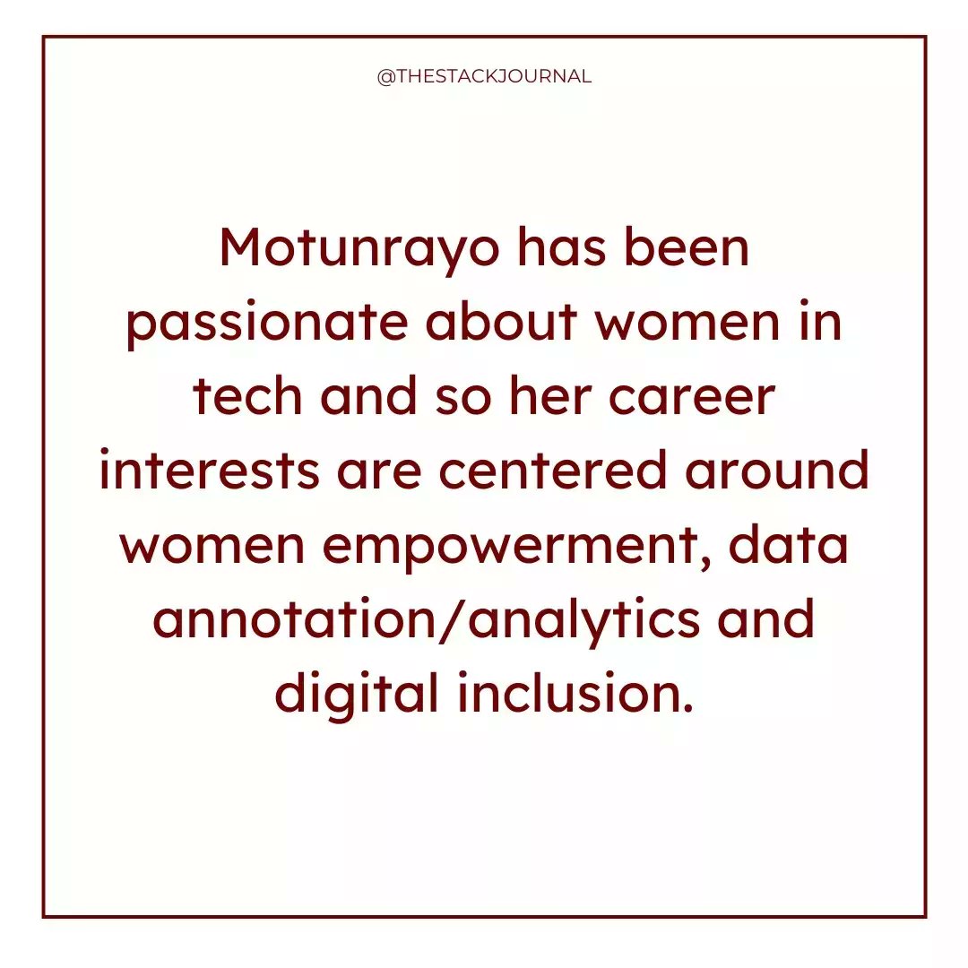 TheStackJournal's tweet photo. Here at #thestackjournal we are always excited to see women who are creating a safe space for more women in tech👩‍💻

Motunrayo Kilanko @mokilanko is one of such women and we're really proud of her work.

Swipe to find out more about Motunrayo and her work ✨✨ https://t.co/o5fLcocRim