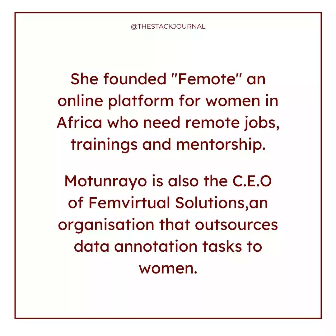 TheStackJournal's tweet photo. Here at #thestackjournal we are always excited to see women who are creating a safe space for more women in tech👩‍💻

Motunrayo Kilanko @mokilanko is one of such women and we're really proud of her work.

Swipe to find out more about Motunrayo and her work ✨✨ https://t.co/o5fLcocRim